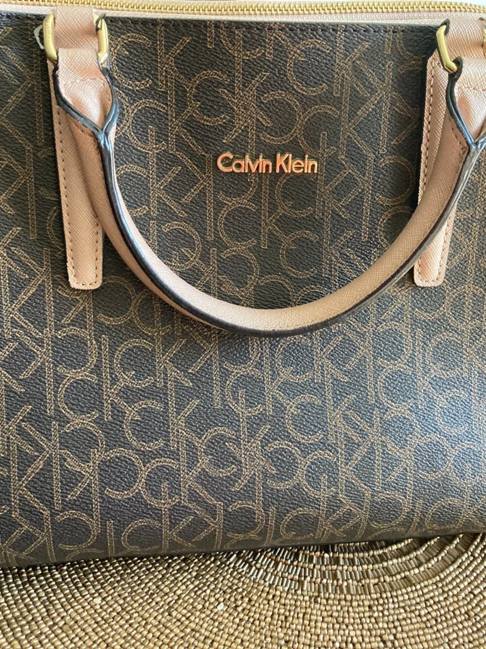 Calvin Klein Brown Monogram Logo Satchel with Blush Pink Trim